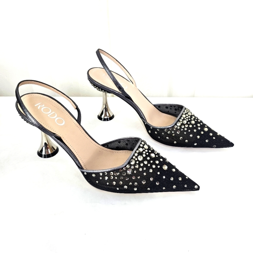 Rodo Black Rhinestone Studded Metal Round Heel Slingback Pumps Size 38